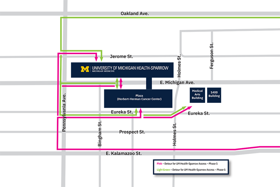 Map of Michigan Avenue Reconstruction Detour UM Health-Sparrow Lansing June 2025